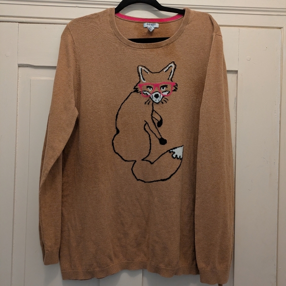 Old Navy Sweaters - Old Navy Tan Crew Neck Oversized Sweater w/ Fox in Pink Glasses- XXL